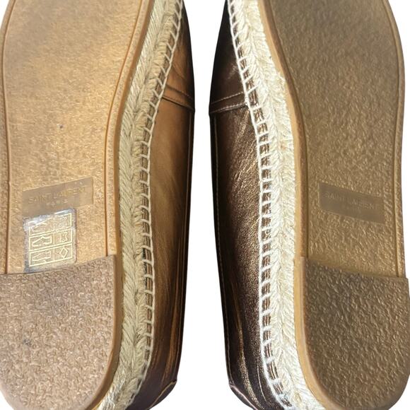 Saint Laurent Logo Embossed Espadrille Flats Gold Bronze Leather YSL Size 37.5 - Picture 11 of 11